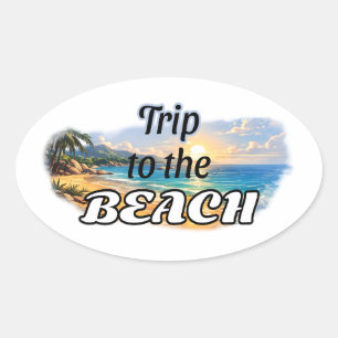 Sticker Ovale Voyage à la Plage Évasion au Coucher de Soleil Tro