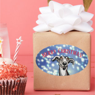Sticker Ovale Whippet nuit étoilée, Joyeux Noël