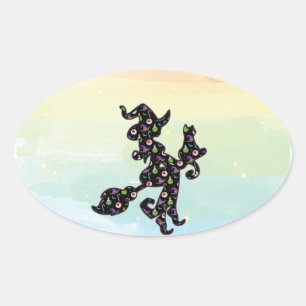 Sticker Ovale Witchy And Cat, Halloween Mood