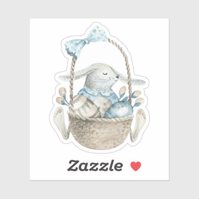 Sticker Panier d'oeufs de lapin bleu Pâques Aquarelle (Feuille)