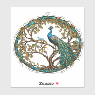Sticker Paon en vitrail sur un arbre d'automne