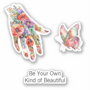 Sticker Papillon à main de jardin floral rouge violet