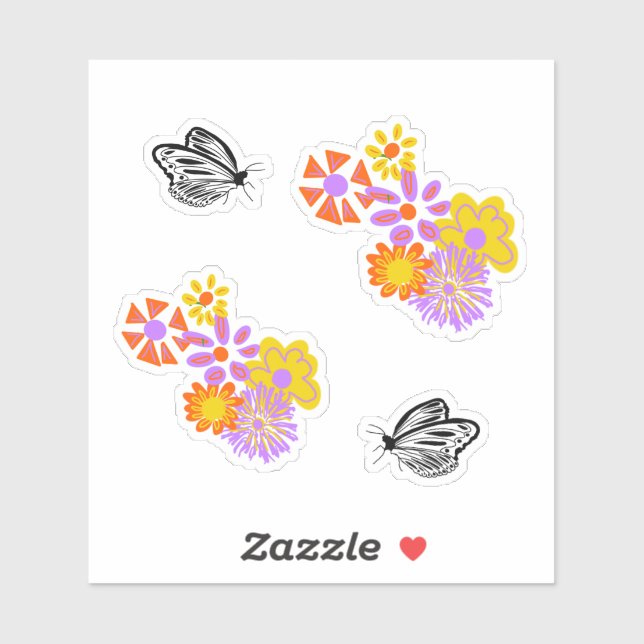 Sticker Papillon blanc noir orangé fleurs jaunes (Feuille)