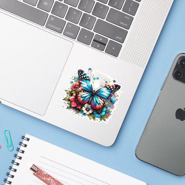 Sticker Papillon bleu et fleurs (Ordinateur portable avec iPhone)
