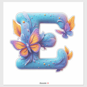 Sticker Papillon Coloré Posé Sur La Lettre E Bleue Clair