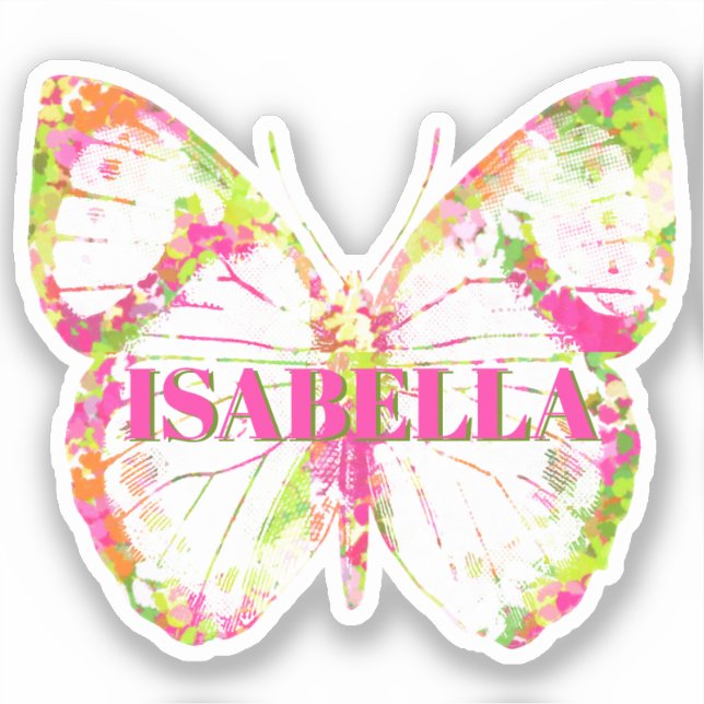 Sticker Papillon de nom personnalisé rose et vert (Recto)