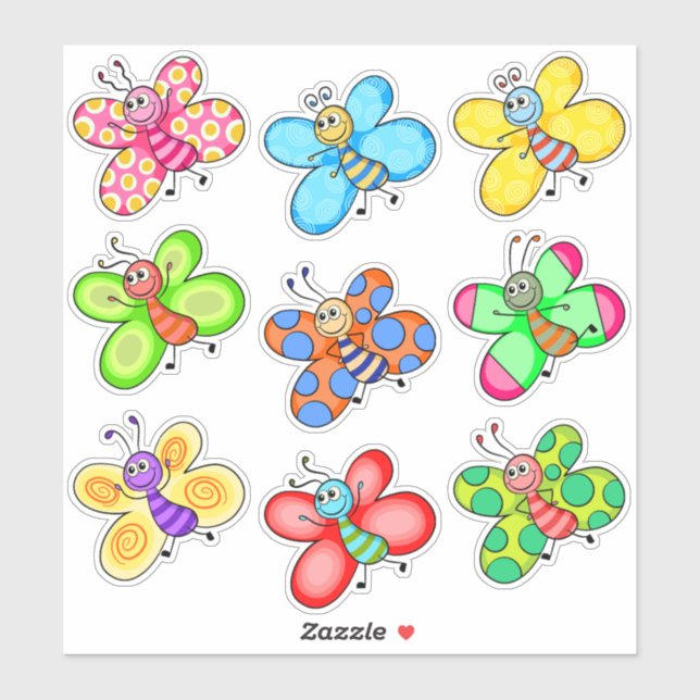 Sticker Papillons de caricature colorés (Feuille)