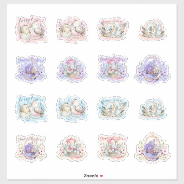 Sticker Pâques Bunnies Oiseaux Paniers Oeufs Mignons (Feuille)