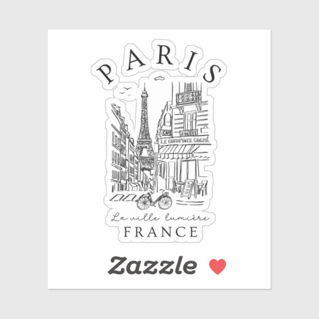 Sticker Paris France – Souvenir Sketch Eiffel Tower & Café (Feuille)
