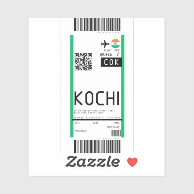 Sticker Passe d'embarquement à Kochi Kerala (COK) (Feuille)
