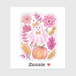 Sticker Pastel Pink Halloween Ghost with Flowers and Pumpk