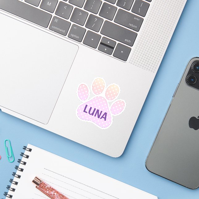 Sticker Paw Print Pastel Rainbow Polka Dots With Name (Ordinateur portable avec iPhone)