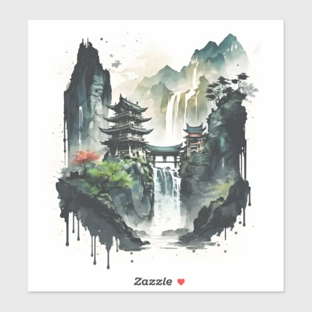 Sticker Paysage antique de l'encre chinoise avec cascade (Feuille)