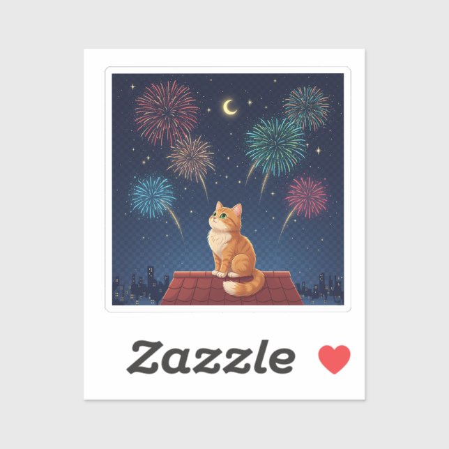 Sticker Peaceful Midnight Sky Cat Dreamy Rooftop Fireworks (Feuille)