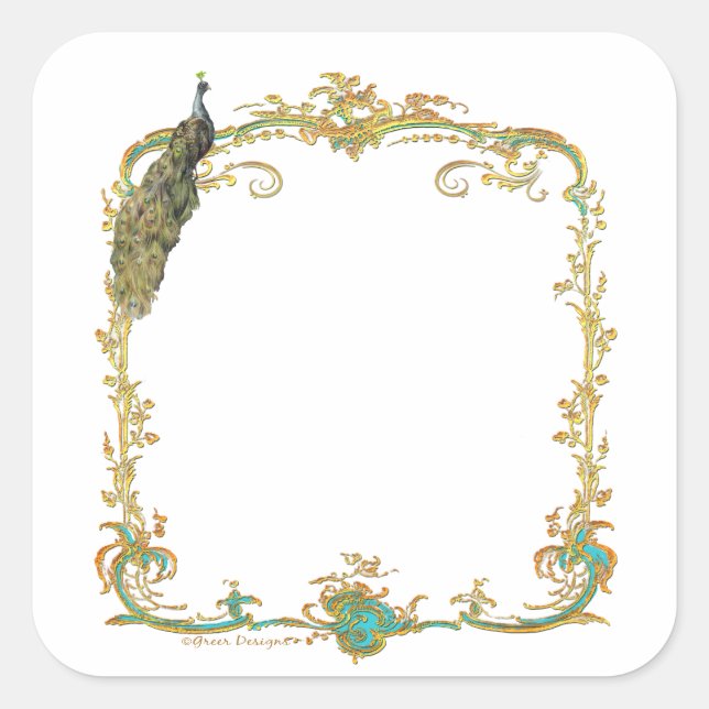 Sticker Peacock avec cadre or "Save the Date" (Devant)