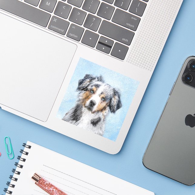 Sticker Peinture de berger américaine miniature - Chien Ar (Ordinateur portable avec iPhone)
