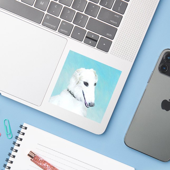 Sticker Peinture de Borzoi (Blanc) - Joli Chien d'origine (Ordinateur portable avec iPhone)
