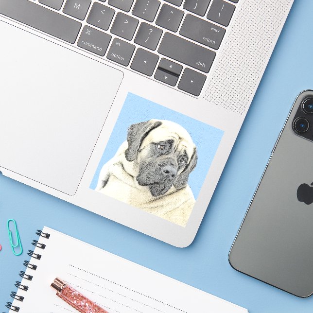 Sticker Peinture Mastiff (Fawn) anglaise - Art Chien origi (Ordinateur portable avec iPhone)