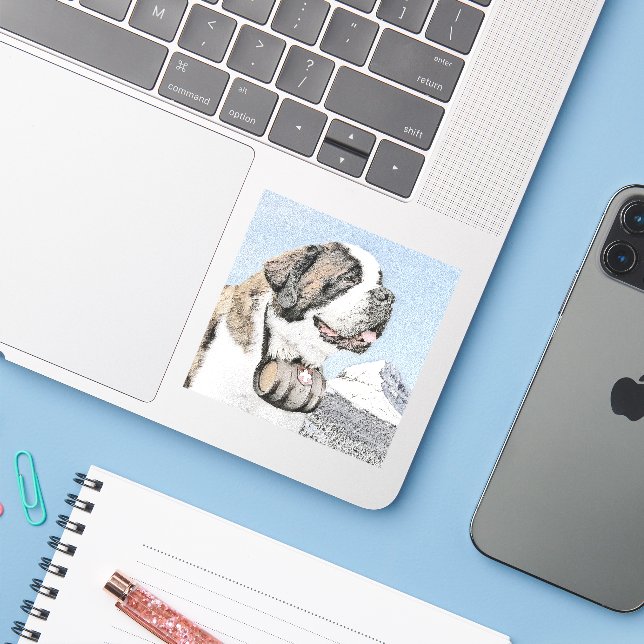 Sticker Peinture Saint Bernard - Cute Original Chien Art (Ordinateur portable avec iPhone)