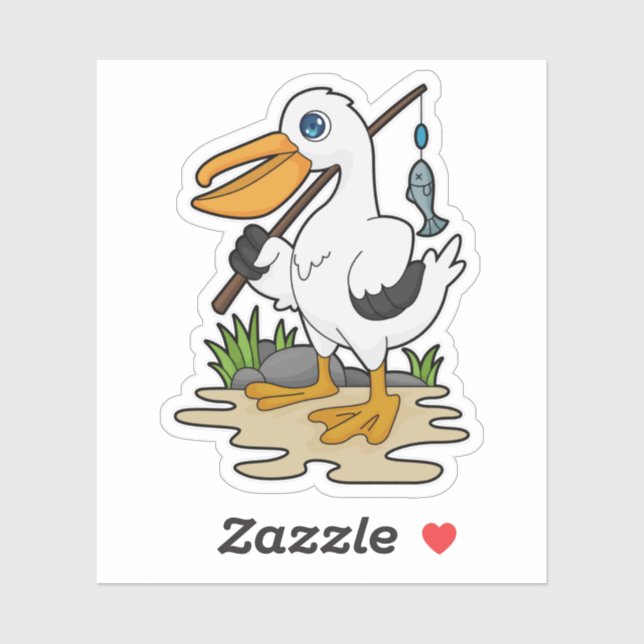 Sticker Pélican comme pêcheur avec la baguette de pêche et (Feuille)