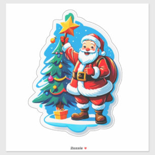 Sticker Père Noël joyeux tenant un petit sapin de Noël