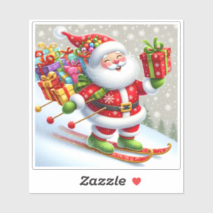 Sticker Père Noël Ski Avec Cadeaux Colorés