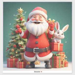 Sticker Père Noël tenant un cadeau avec des lapins