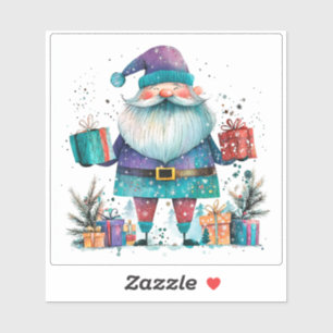 Sticker Père Noël Violet Avec des Cadeaux en Hiver