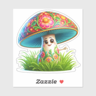 Sticker Personnage de champignon fantaisiste entouré de fl