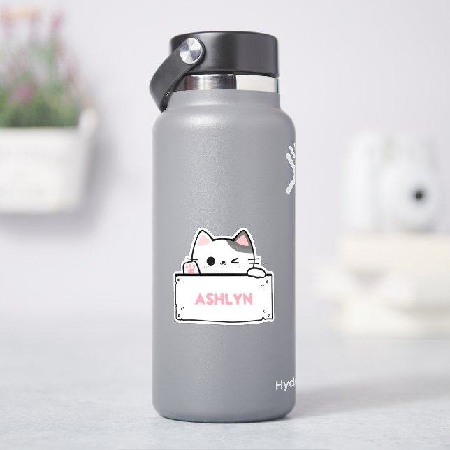 Sticker personnalisé Cute White Grey Nom de chat (HydroFlask)