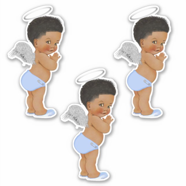 Sticker Petit Ange Baby Boy Light Bleu Argent Ailes Halo (Devant)