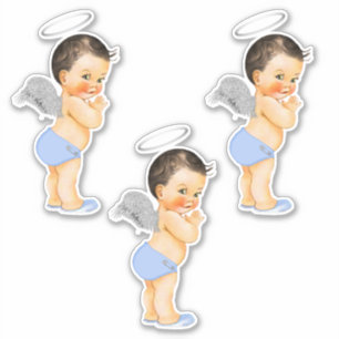 Sticker Petit Ange Baby Boy Light Bleu Argent Ailes Halo