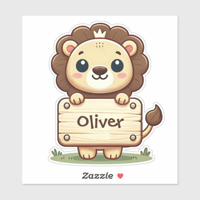 Sticker Petit lion mignon avec un panneau de nom (Feuille)