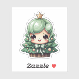 Sticker Petite fille souriante verte Kawaii Arbre de Noël