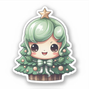 Sticker Petite fille souriante verte Kawaii Arbre de Noël