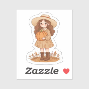 Sticker Petite fille tenant une citrouille