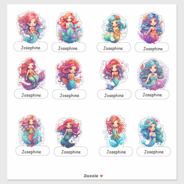 Sticker Petites sirènes mignonnes avec nom d'enfant ci-des (Feuille)