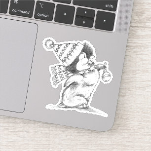 Sticker Pingouin de Noël rétro mignon avec Casquette et Éc