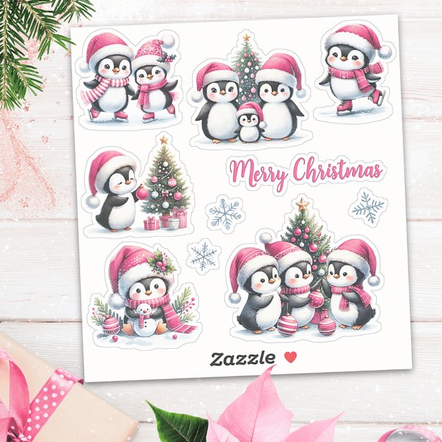 Sticker Pingouins amusants en Pink Joyeux Noël (Créateur téléchargé)