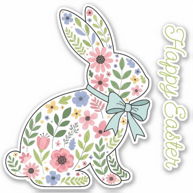 Sticker Pink and Blue Wildflower Easter Rabbit (Devant)