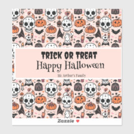 Sticker Pink Halloween Tricoter ou traiter Nom de famille