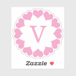Sticker Pink Valentine Hearts in a Circle with Initial