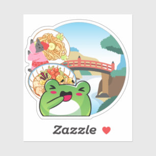 Sticker Pique-nique japonais au bord du pont avec chat et