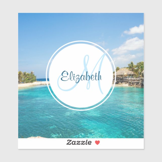 Sticker Plage tropicale pittoresque avec Monogramme de hut (Feuille)