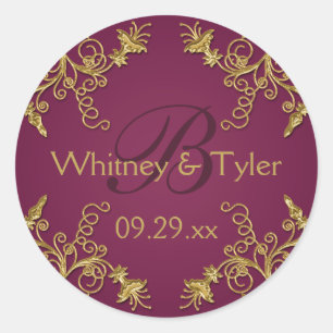 Sticker Plum Wine and Gold Floral Damask 1,5"