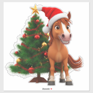 Sticker Poney de dessin animé festif de joie 🎄 Chapeau de