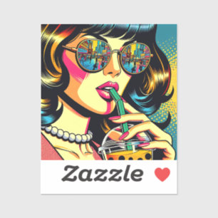 Sticker Pop Art Bande Dessinée Belle Femme Buvant du Boba