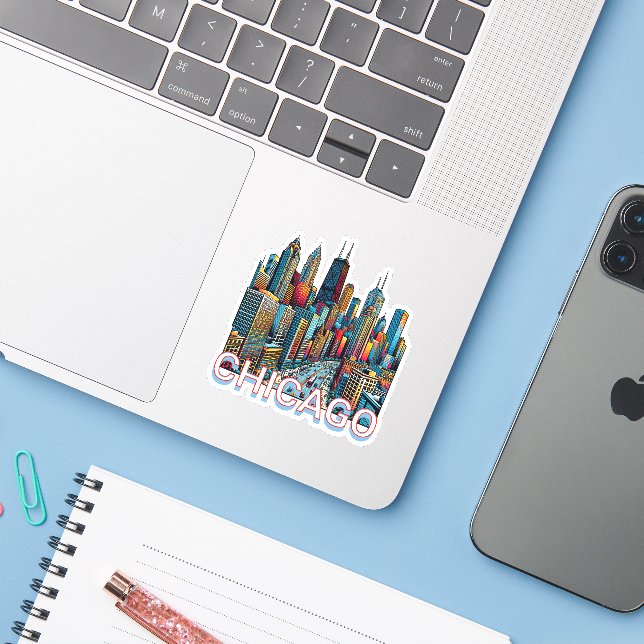 Sticker Pop art Comic Book Art Chicago Illinois Skyline (Ordinateur portable avec iPhone)