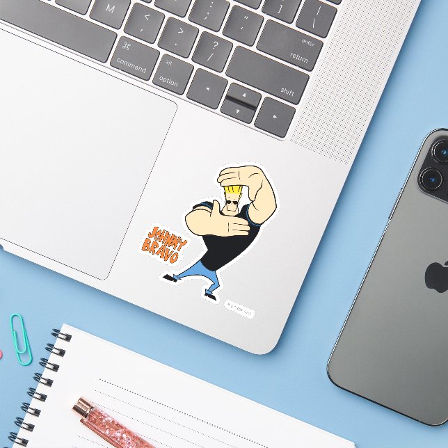 Sticker Pose de trame photo Johnny Bravo (Ordinateur portable avec iPhone)