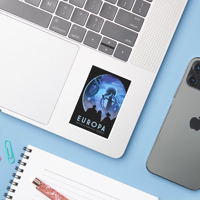 Sticker Poster de voyage Retro Space - Jupiter's Moon Euro (Ordinateur portable avec iPhone)